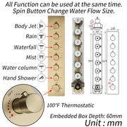 16-Inch Brushed Gold Flush Mount Shower Faucet Set with 6-Way Thermostatic Control, 64-Color LED, Bluetooth Music, Rainfall-Waterfall-Mist Features, Rotating Hydro Jet, and Regular Head