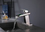 Brushed nickel waterfall 3 LED light single handle brass bathroom faucet with pop up brass drain