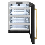 ZLINE 24" Touchstone 151 Can Beverage Fridge Black Matte Glass Door Gold RBSOZ-BLM-24-G