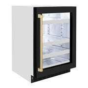 ZLINE 24" Touchstone 151 Can Beverage Fridge Black Matte Glass Door Champagne Bronze Handle RBSOZ-BLM-24-CB