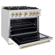 ZLINE 36"Classic Gas Range, Convection Gas Oven, DuraSnow® Stainless Steel, White Matte Door Champagne Bronze CGRSZ-WM-36-CB