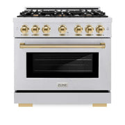 ZLINE 36" Select Dual Fuel Range Gas Cooktop Electric Convection Oven DuraSnow® Stainless Steel Gold HDRSZ-36-G