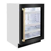 ZLINE 24" Touchstone 151 Can Beverage Fridge Black Stainless Steel Glass Door Champagne Bronze Handle RBSOZ-BS-24-CB