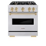 ZLINE 30" Dual Fuel Range, Gas Cooktop, Electric Convection Oven DuraSnow® Stainless Steel, Gold CDRSZ-30-G