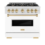 ZLINE 36" Dual Fuel Range, Gas Cooktop, Electric Convection Oven DuraSnow® Stainless Steel, White Matte Door Polished Gold CDRSZ-WM-36-G