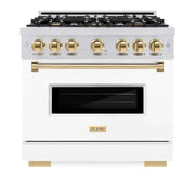 ZLINE 36" Dual Fuel Range, Gas Cooktop, Electric Convection Oven Stainless Steel, Matte White Door Polished Gold CDRZ-WM-36-G