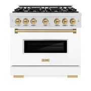 ZLINE 36" Dual Fuel Range, Gas Cooktop, Electric Convection Oven DuraSnow® Stainless Steel, White Matte Door Champagne Bronze CDRSZ-WM-36-CB