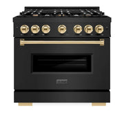 ZLINE 36" Dual Fuel Range, Gas Cooktop, Electric Convection Oven Black Stainless Steel, Gold CDRBZ-36-G