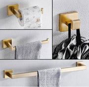 Square 4-Piece Stainless Steel Brushed Gold Bathroom Hardware Set - Towel Bar, Towel Ring, Toilet Paper Holder, Robe Hook, and Tower Holder - Wall Mounted