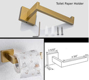 Square 4-Piece Stainless Steel Brushed Gold Bathroom Hardware Set - Towel Bar, Towel Ring, Toilet Paper Holder, Robe Hook, and Tower Holder - Wall Mounted