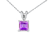 14K White Gold 5x5 MM Square Shaped Purple Amethyst Solitaire Pendant Necklace