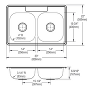 Elkay Dayton Signature Series 33" Double Bowl Drop-In Kitchen Sink, 22-Gauge Stainless – Sink Only