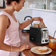 2 Slice Wide Slot Black Toaster, Reheat Defrost Function, 6 Browning Settings, Drop Down Crumb Tray