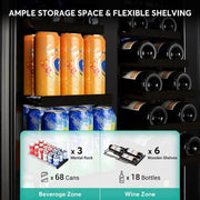23.42 in. Dual Zone 18-Wine Bottles and 68-Cans Beverage and Wine Cooler in Black with Smart Digital Control and Locks