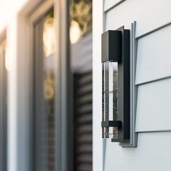 13.75 in. 1-Light Integrated LED Hardwired Outdoor Wall Light Lantern Sconce with Seeded Glass - Thumbnail 2