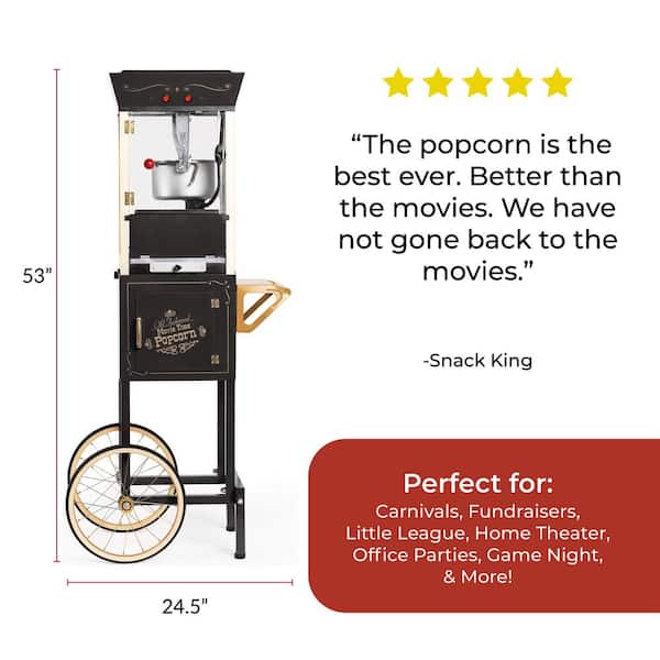 Vintage Professional 8 Oz Kettle Black Popcorn Machine Cart with Interior Light, Measuring Spoons and Scoop