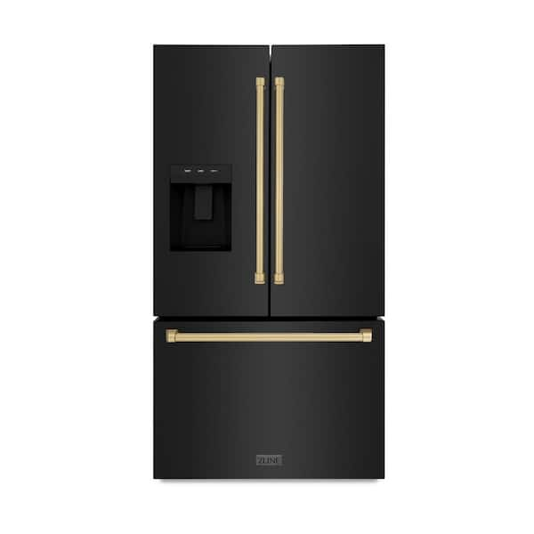 36 in. 3-Door French Door Refrigerator w/ Ice and Water Dispenser in Black Stainless Steel and Champagne Bronze Handles