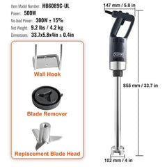 Commercial Immersion Blender 500-Watt Black Hand Mixer Variable Speed Stick Mixer Multi-Purpose Portable Mixer