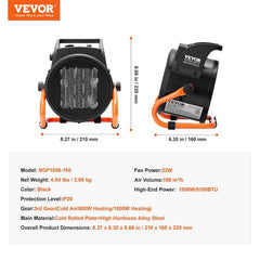 Forced Air Electric Greenhouse Heater with Thermostat 1500-Watt PTC Fast Heating Overheat Protection 3-Speed Furnace