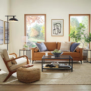 Goodwin 75.6 in. Square Arm Faux Leather Mid-Century Modern Sofa with Bolster Pillows in Caramel Brown