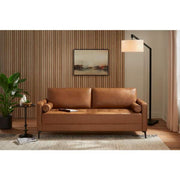 Goodwin 75.6 in. Square Arm Faux Leather Mid-Century Modern Sofa with Bolster Pillows in Caramel Brown