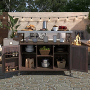Dark Brown Wood Kitchen Cart with Fir Wood Grill Table with Stainless Steel Top, Outdoor Available