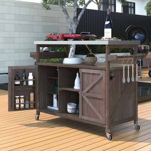 Dark Brown Wood Kitchen Cart with Fir Wood Grill Table with Stainless Steel Top, Outdoor Available