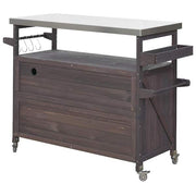 Dark Brown Wood Kitchen Cart with Fir Wood Grill Table with Stainless Steel Top, Outdoor Available