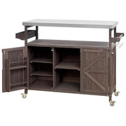 Dark Brown Wood Kitchen Cart with Fir Wood Grill Table with Stainless Steel Top, Outdoor Available