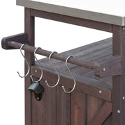 Dark Brown Wood Kitchen Cart with Fir Wood Grill Table with Stainless Steel Top, Outdoor Available