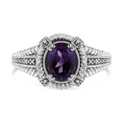 .925 Sterling Silver Prong Set Natural Oval Shape 9X7 MM Purple Amethyst Solitaire and Diamond Accent Ring (I-J Color, I1-I2 Clarity) - Ring Size 7