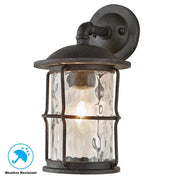 Hargreaves 13.5 in. 1-Light Gilded Iron Rustic Farmhouse Hardwired Outdoor Wall Light Lantern Sconce with Seeded Glass