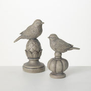 8" and 6.25" Gray Stone-Look Bird Finial Set (Set of 2)