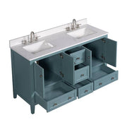 Beverly 61 in. Double Sink Aegean Teal Bath Vanity with White Engineered Marble Top (Assembled)