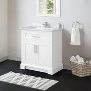 Doveton 30 in. Single Sink Freestanding White Bath Vanity with White Engineered Marble Top (Assembled)