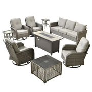 Scarlet 9-Piece Wicker Outdoor Patio Conversation Sofa Set with Swivel Chairs, a LED Table and Dark Grey Cushions