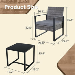 Upgrade -Gray 3-Piece Wicker Outdoor Bistro Set with Gray Cushion for Patio, Deck, Apt