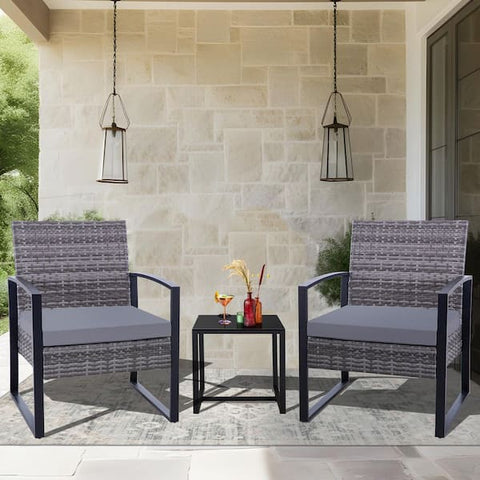 Upgrade -Gray 3-Piece Wicker Outdoor Bistro Set with Gray Cushion for Patio, Deck, Apt