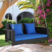2-Person Wicker Steel Porch Swing with Blue Cushion