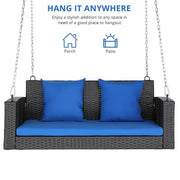 2-Person Wicker Steel Porch Swing with Blue Cushion
