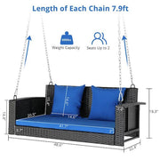 2-Person Wicker Steel Porch Swing with Blue Cushion