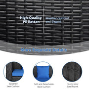 2-Person Wicker Steel Porch Swing with Blue Cushion
