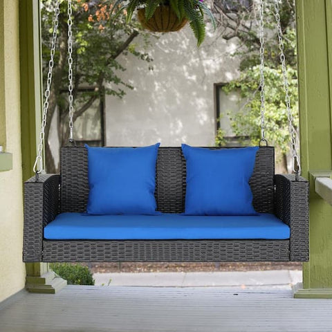 2-Person Wicker Steel Porch Swing with Blue Cushion