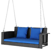 2-Person Wicker Steel Porch Swing with Blue Cushion