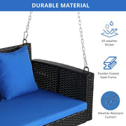 2-Person Wicker Steel Porch Swing with Blue Cushion