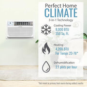 8,000 BTU 115V Through-The-Wall AC 4,200 BTU Supplemental Heat Remote Sleep Mode 24H Timer for Rooms up to 350 Sq. Ft.