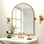 24 in. W x 32 in. H Arched Metal Framed Pivoted Bathroom Wall Vanity Mirror in Gold