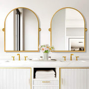 24 in. W x 32 in. H Arched Metal Framed Pivoted Bathroom Wall Vanity Mirror in Gold