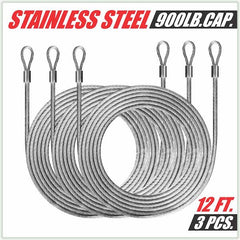 1/8 in. x 12 ft. Stainless Steel Vinyl Coated Extension Wire Rope W/Looped Ends for Triangle Sun Shade Sails (3-Pieces)