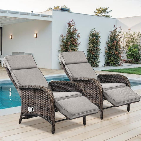 Carlos Brown Wicker 2-Piece Outdoor Chaise Lounge Chair, Patio Adjuestment Recliner with Beige Olefin Soft Cushion